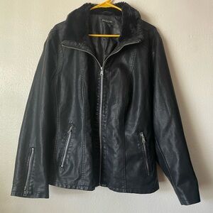 Black fake Leather Jacket with Faux Fur Collar